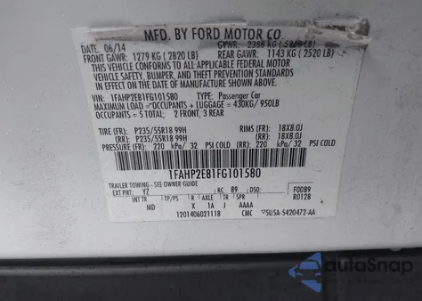 2015 Ford Taurus Sel из США, поврежденный, VIN 1FAHP2E81FG101580